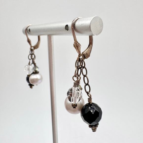 925 Silver Pearl Crystal Glass Beaded Dangle Cha Cha Earrings Black White Boho - Picture 3 of 12